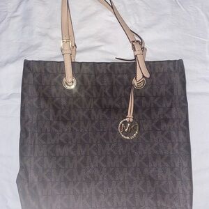Michael Kors Dark Brown Logo Tote with Light Tan Straps